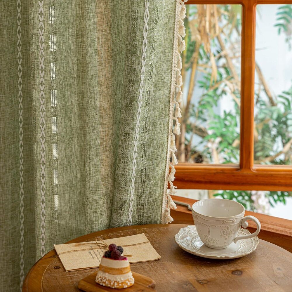 Set of 2 Curtain Panels 50"W x 72"L Boho Sheer Light filtering Embroidery Stripe